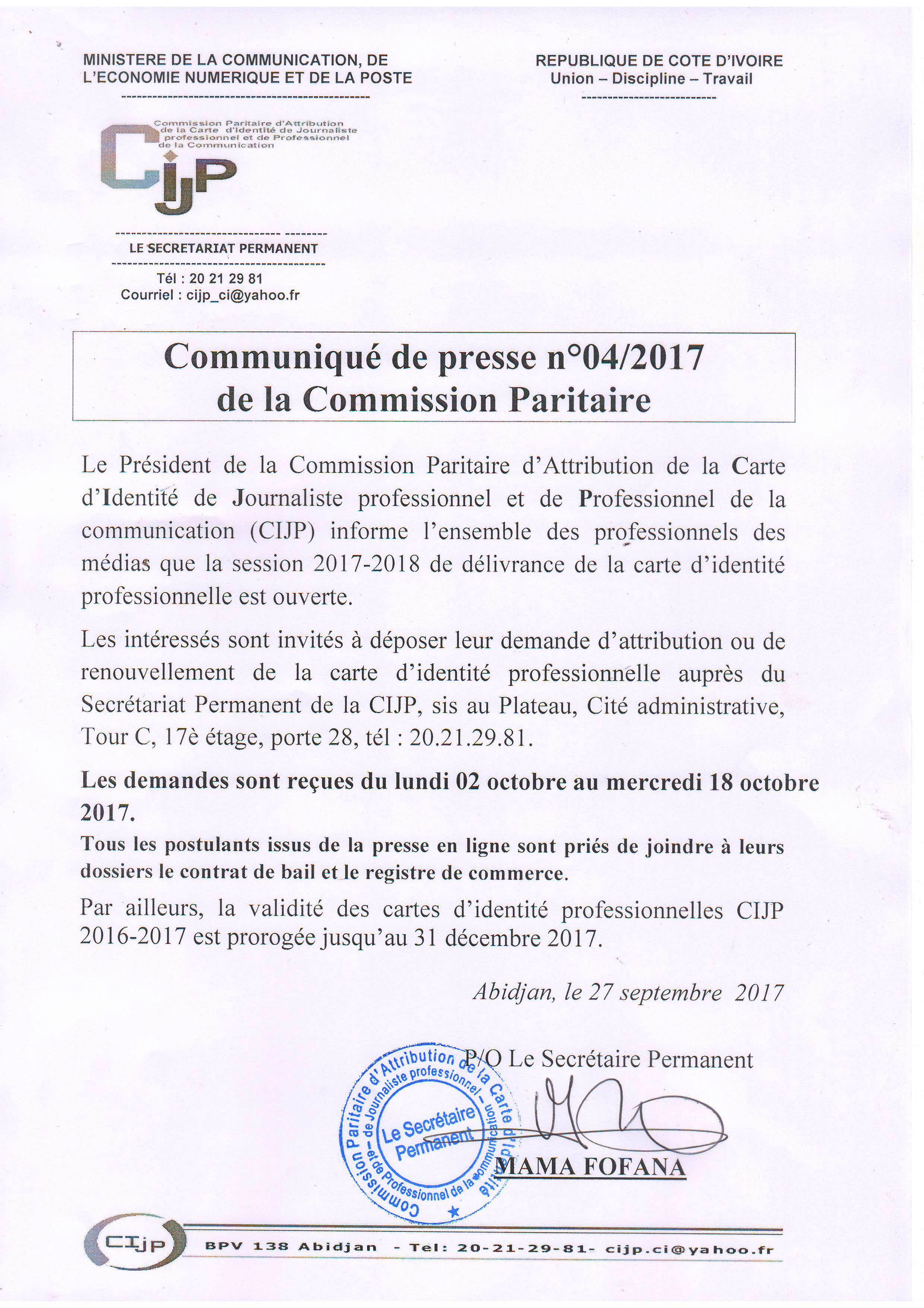 COMMUNIQUE CIJP 2017 - 2018